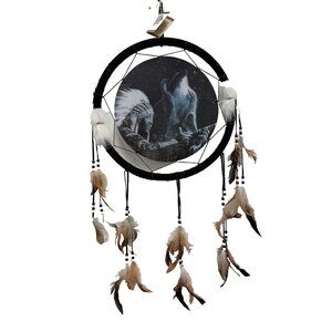 VTG Native American Man W/ Woolf Large Dream Catcher Spiritual Feather Faux Fur